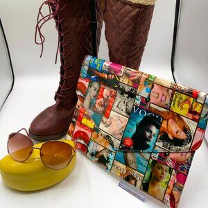 Brown Quilted High Boots  Size 11 | Never Worn + Magazine Clutch + Tinted Shades